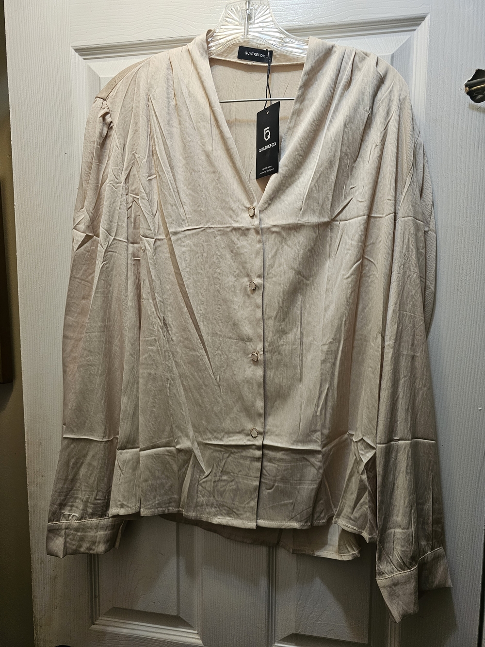 New Light Cream V-Neck Button-Front Women's Shirt